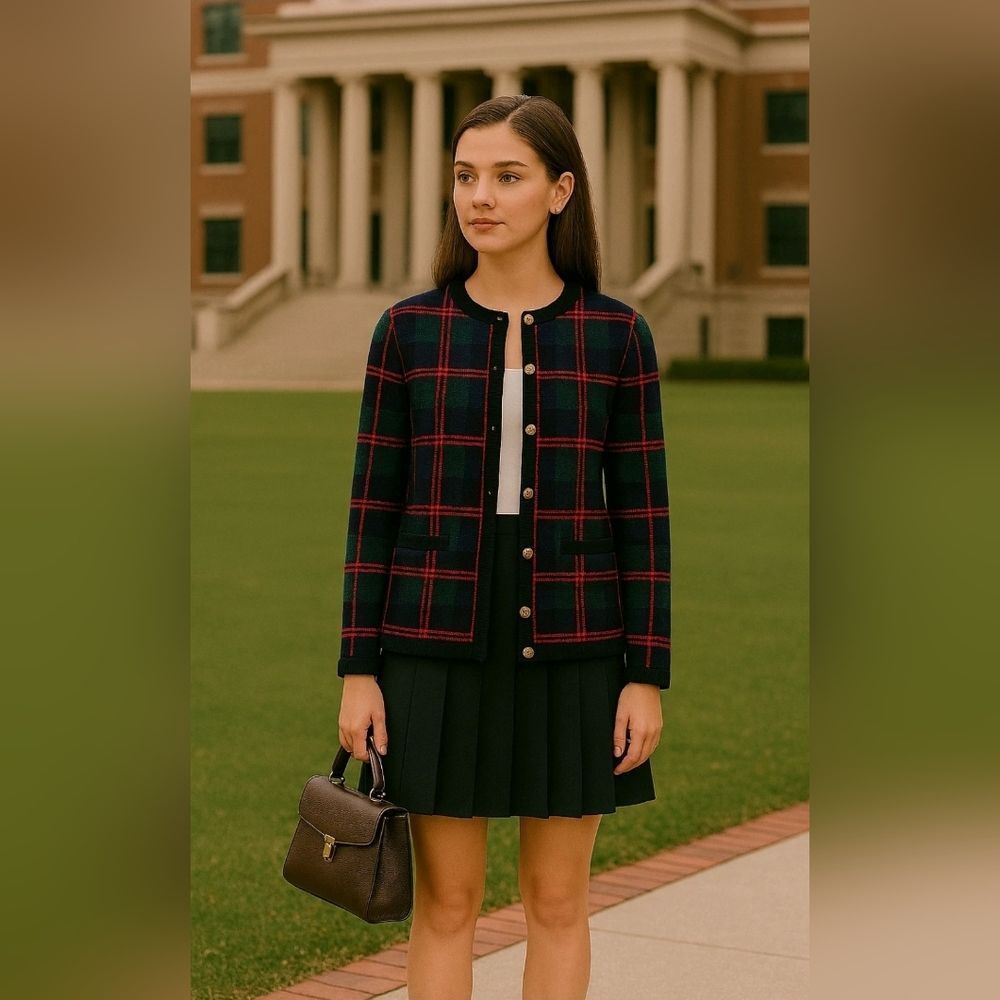 Vintage Tally Ho Womens Tartan Plaid Old Money Button Front Boxy Cardigan Size L